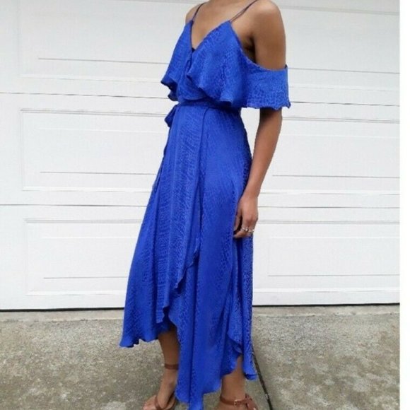 Jennifer Lopez Dress Size XS Blue Snake Print Faux Wrap Cold Shoulder Spring New - Picture 3 of 8